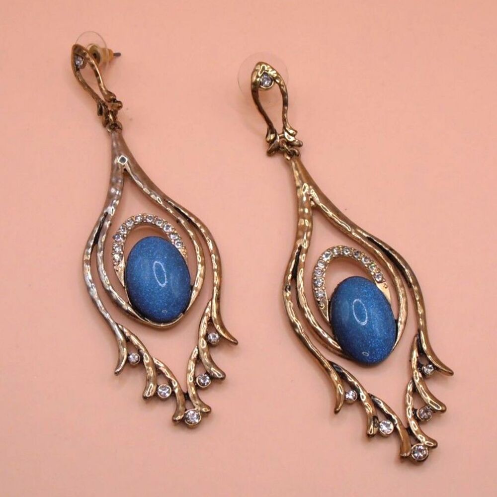 Gold Tone with Rhinestones and Blue Resin Post Drop Earrings
